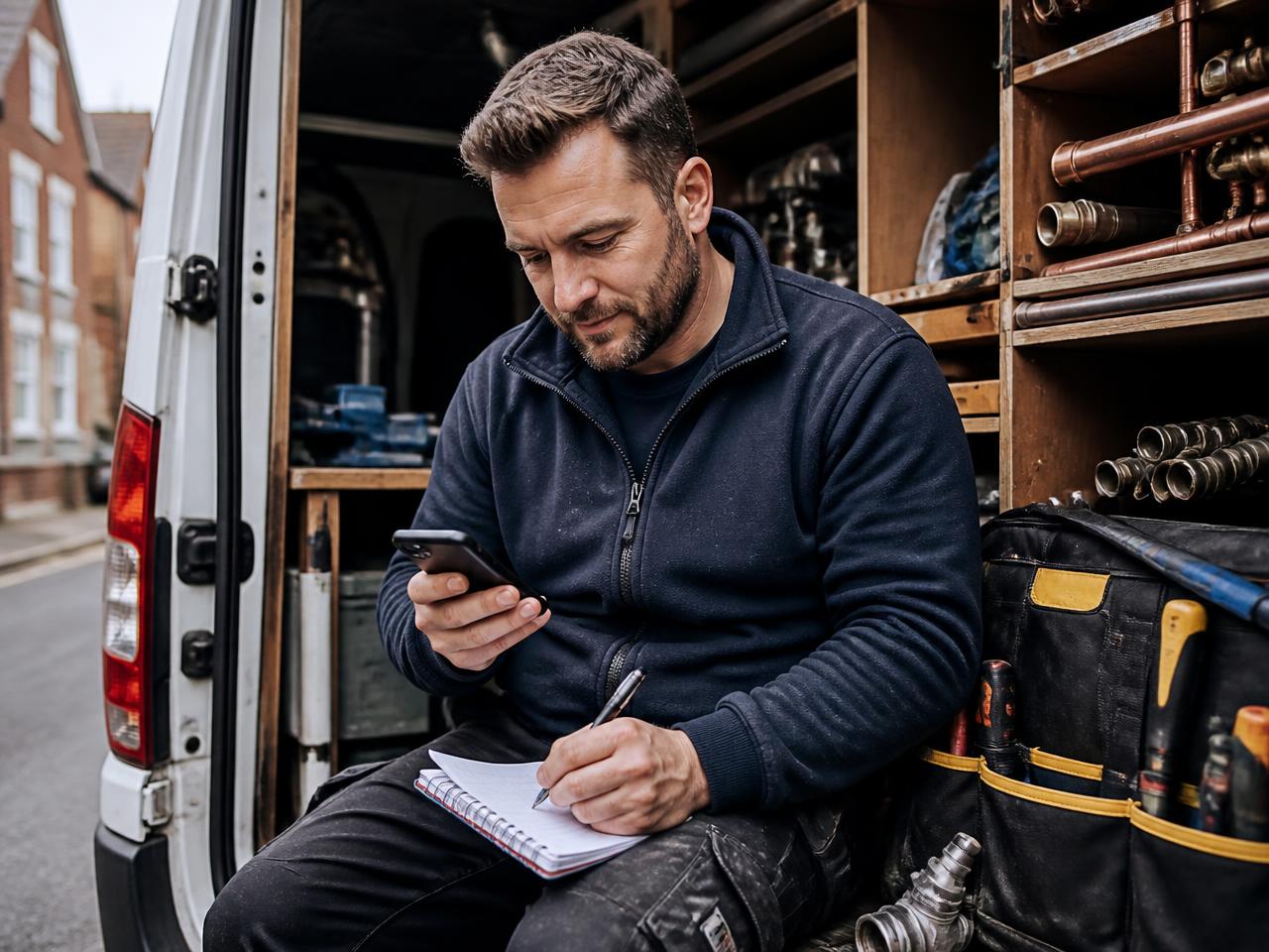 Local plumber responding to a customer enquiry from his work van