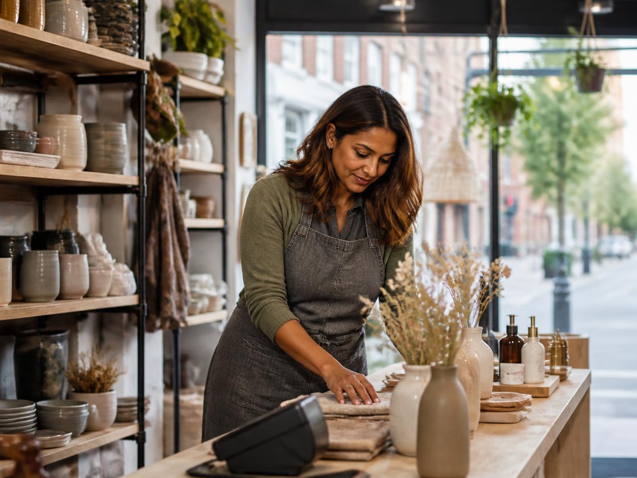 Independent high-street shop owner arranging products