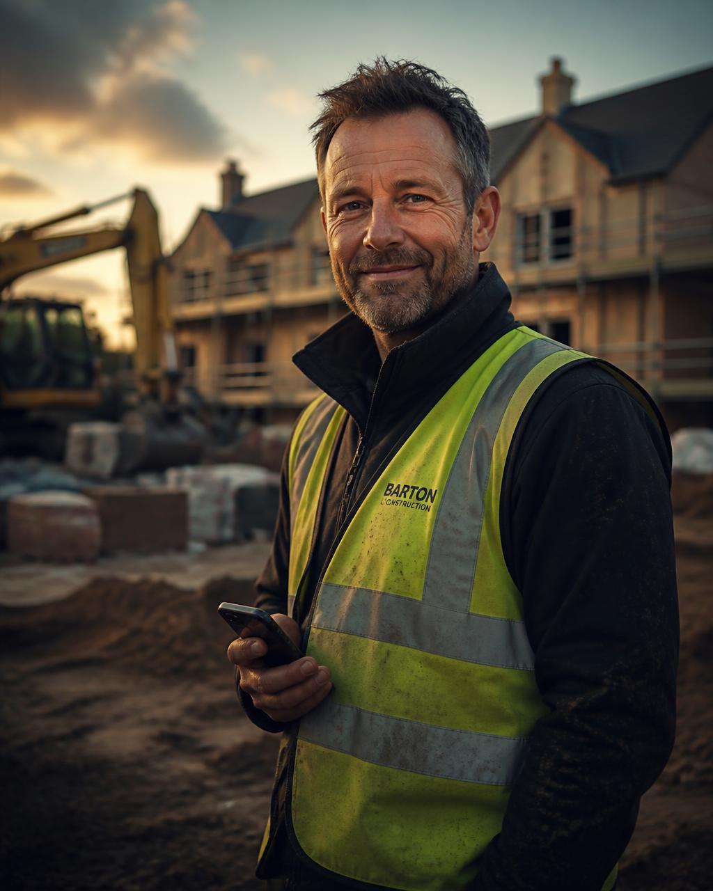 Builder on site checking new enquiries on his phone